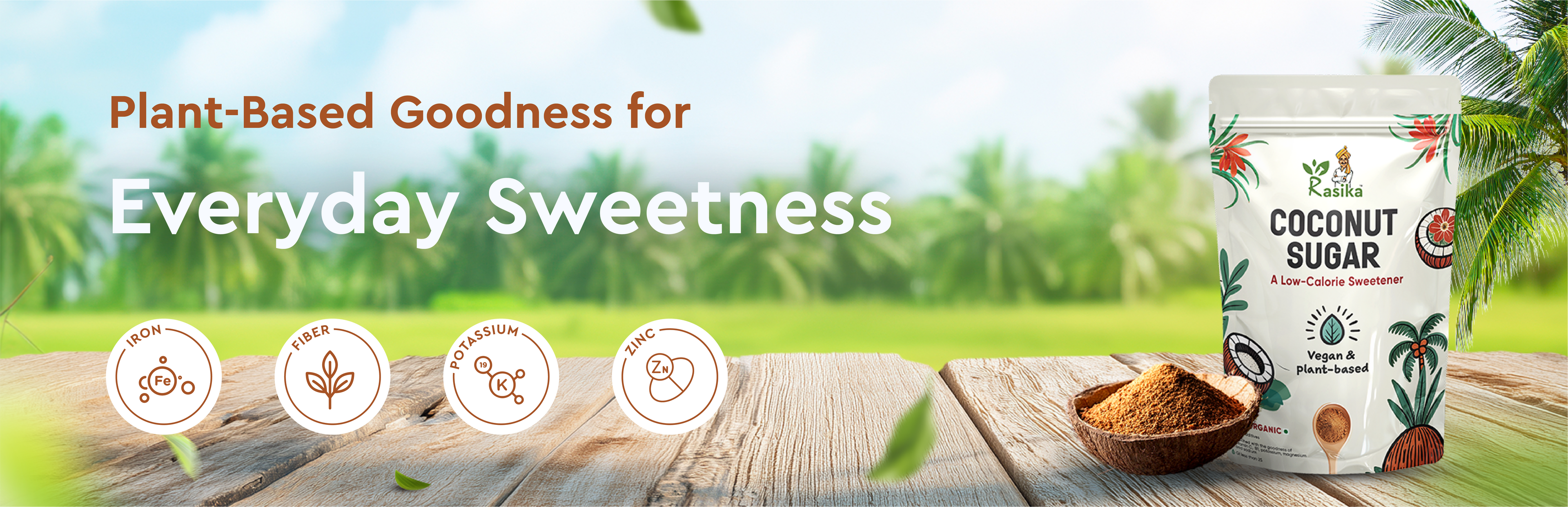 Coconut sugar packaging with a natural background.