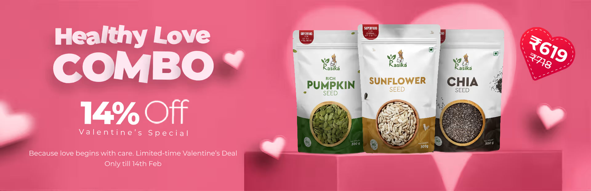 Three packages of 'Healthy Love Combo' with promotional text on a pink background